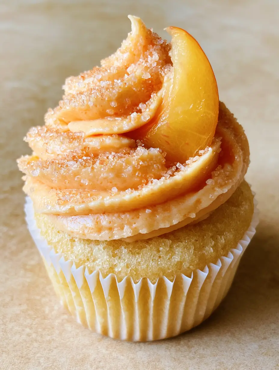 A single golden champagne cupcake in a white pleated liner topped with peach-toned frosting and a fresh peach slice. (Peach Bellini Cupcakes)