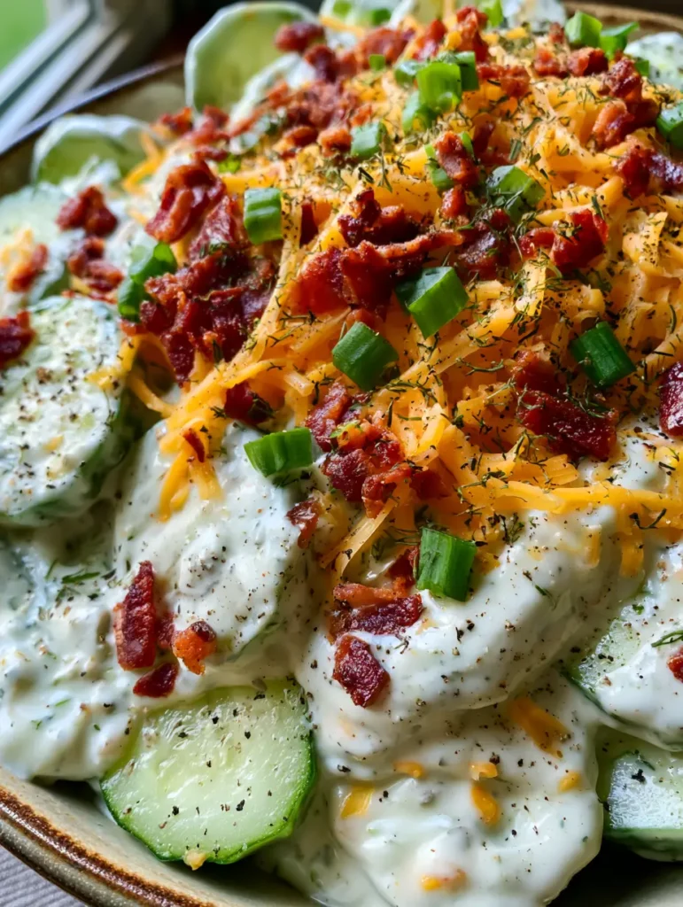 Cucumber Ranch Crack Salad: The Addictive, Creamy Summer Side Dish 2 Close-up of Cucumber Ranch Crack Salad featuring velvety ranch coating and crispy bacon garnishes. (Cucumber Ranch Crack Salad)