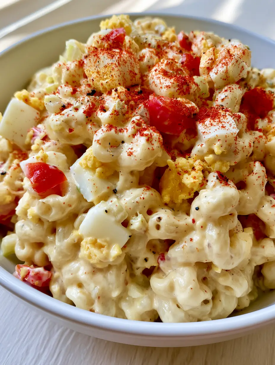 Close-up handheld smartphone photo of Amish Pasta Salad showing thick ivory dressing and egg crumbles.