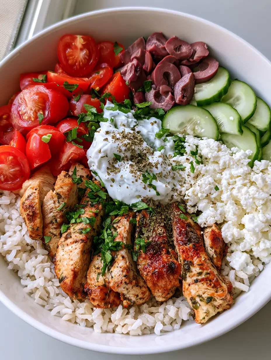 Overhead view of a white ceramic bowl filled with Chicken Gyro Bowl components including herb-charred chicken and tzatziki.