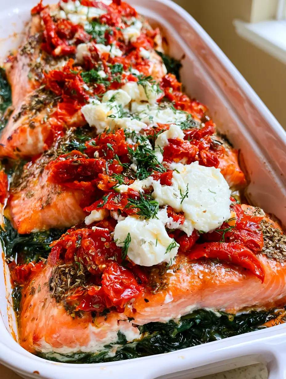 Close-up of thick pink Mediterranean Baked Salmon fillets with caramelized edges, wilted spinach, and large feta crumbles.