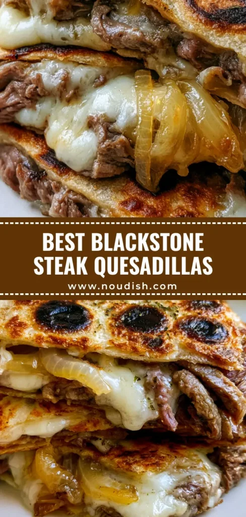 A close-up handheld photo of stacked Blackstone Steak Quesadillas sliced into triangles with melted Monterey Jack cheese and seared steak.