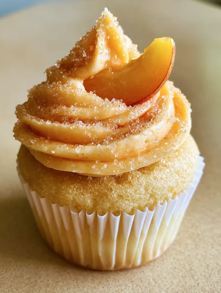 Top view of a Peach Bellini Cupcake showing the coarse sparkling sugar crystals and smooth buttercream swirl.