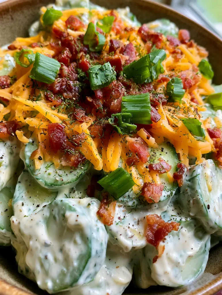Cucumber Ranch Crack Salad: The Addictive, Creamy Summer Side Dish 1 Top-down rustic bowl of Cucumber Ranch Crack Salad with heavy layers of orange cheddar and green scallions.