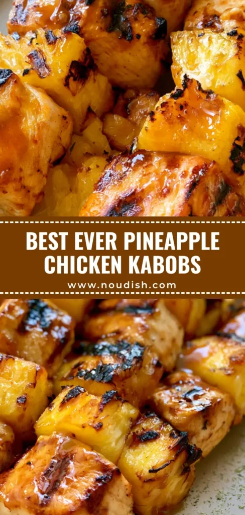 A handheld smartphone photo of grilled Pineapple Chicken Kabobs on a neutral ceramic plate, featuring seared chicken cubes and charred pineapple chunks with a glossy amber glaze.