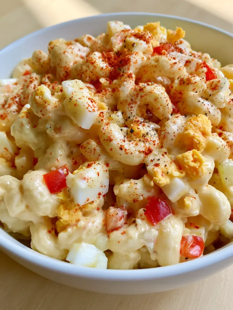 Amish Pasta Salad featuring diced red peppers and hard-boiled eggs on a wooden tabletop.