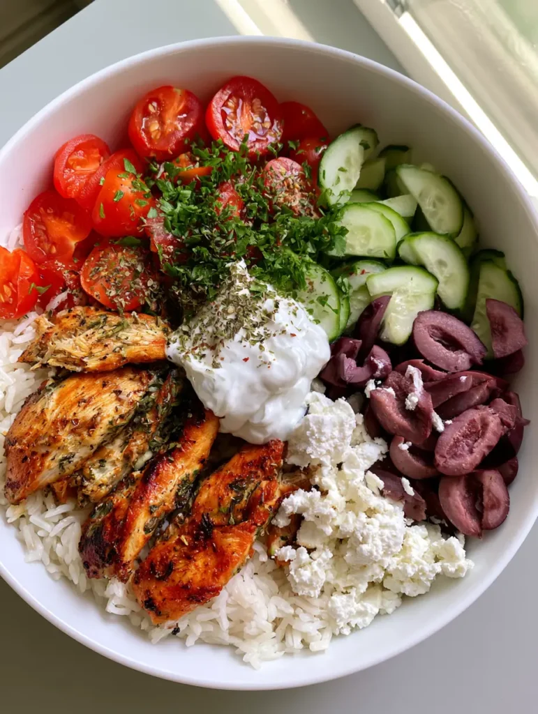 Close up of seared chicken and fresh cucumbers in a Mediterranean rice bowl.