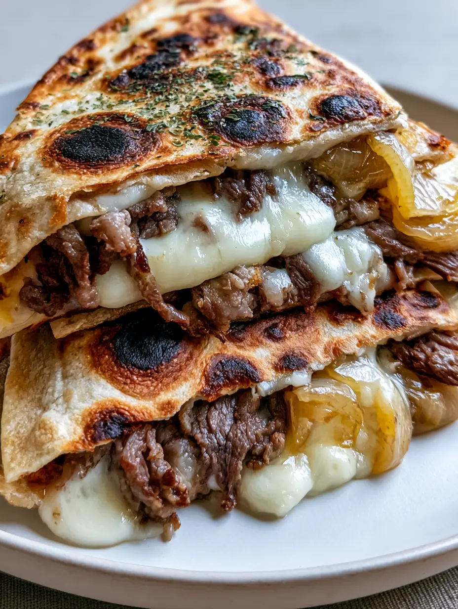Thin ribbons of seared beef steak and bubbling white Monterey Jack cheese inside a toasted flour tortilla. (Blackstone Steak Quesadillas)