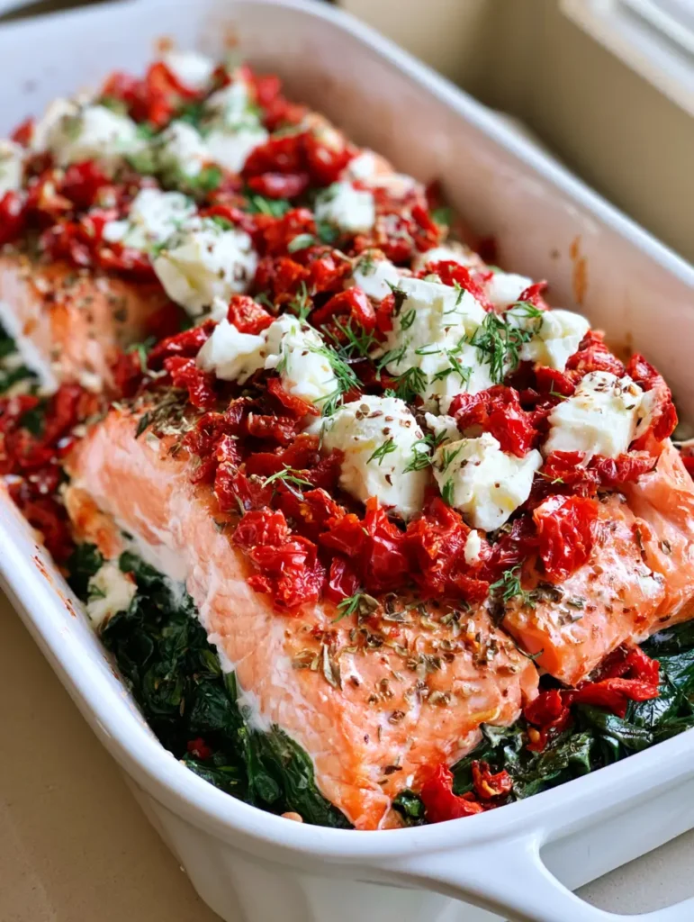 Top down view of Mediterranean Baked Salmon in a white ceramic dish with red sun-dried tomatoes and green dill garnish.