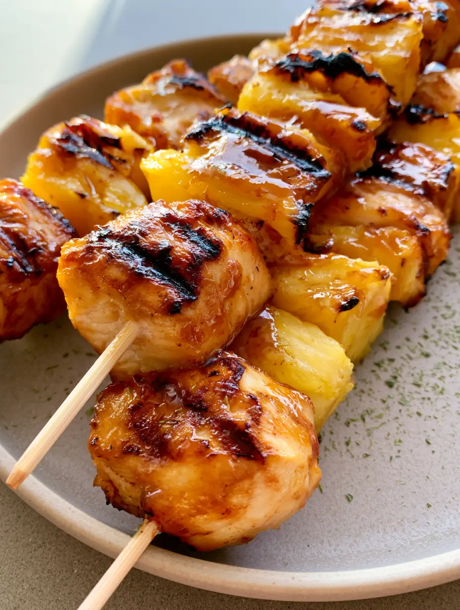 Close-up of Pineapple Chicken Kabobs showing distinct dark grill marks on chicken breast and caramelized bright yellow pineapple chunks.