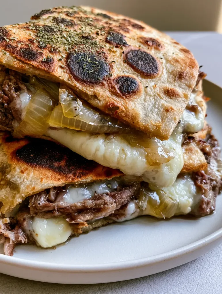 Stacked steak and cheese quesadilla sliced into triangles on a white ceramic plate with translucent caramelized onions.