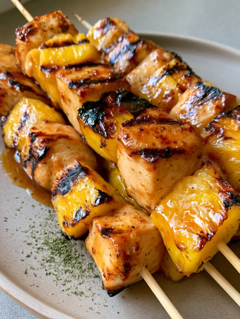 A vertical shot of Pineapple Chicken Kabobs resting on a countertop, highlighting the glossy brown glaze reflecting soft natural light and a scattering of dried green herbs.