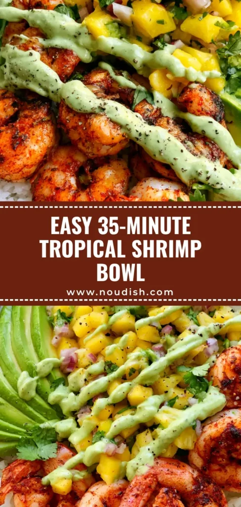 A top-down view of a Tropical Shrimp Rice Bowl featuring seared shrimp, pineapple salsa, sliced avocado, and a crema drizzle on white jasmine rice.