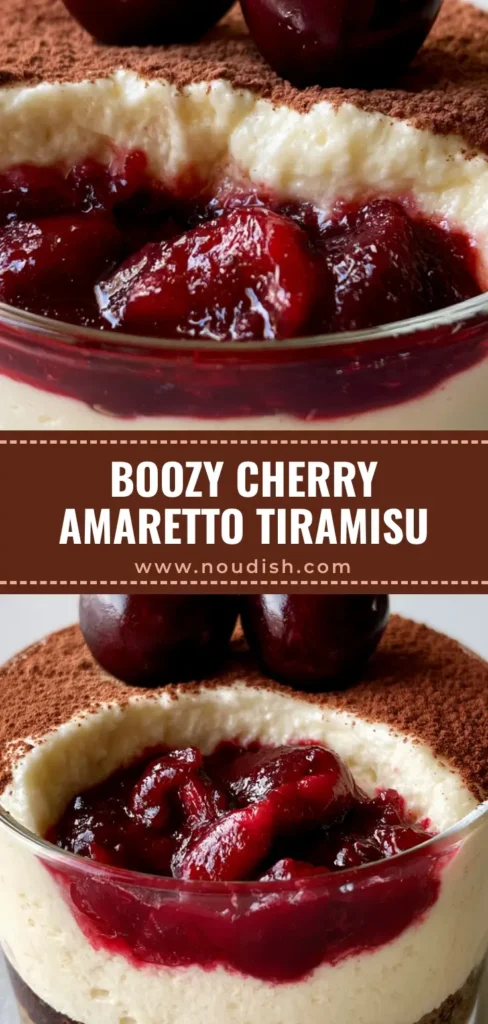 Cherry Amaretto Tiramisu: The Ultimate Boozy Italian Dessert 4 A vertical shot of a Cherry Amaretto Tiramisu in a glass bowl showing layers of espresso ladyfingers, ivory cream, and red cherry compote.
