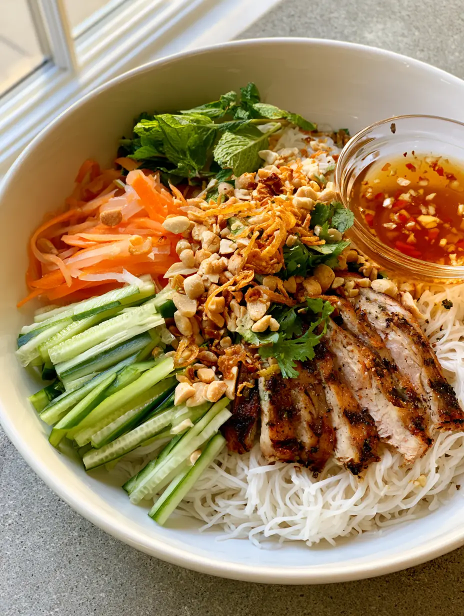 Overhead view of a Vietnamese Noodle Salad featuring bright orange pickled carrots, green mint, and charred lemongrass protein. (Vietnamese Noodle Salad)