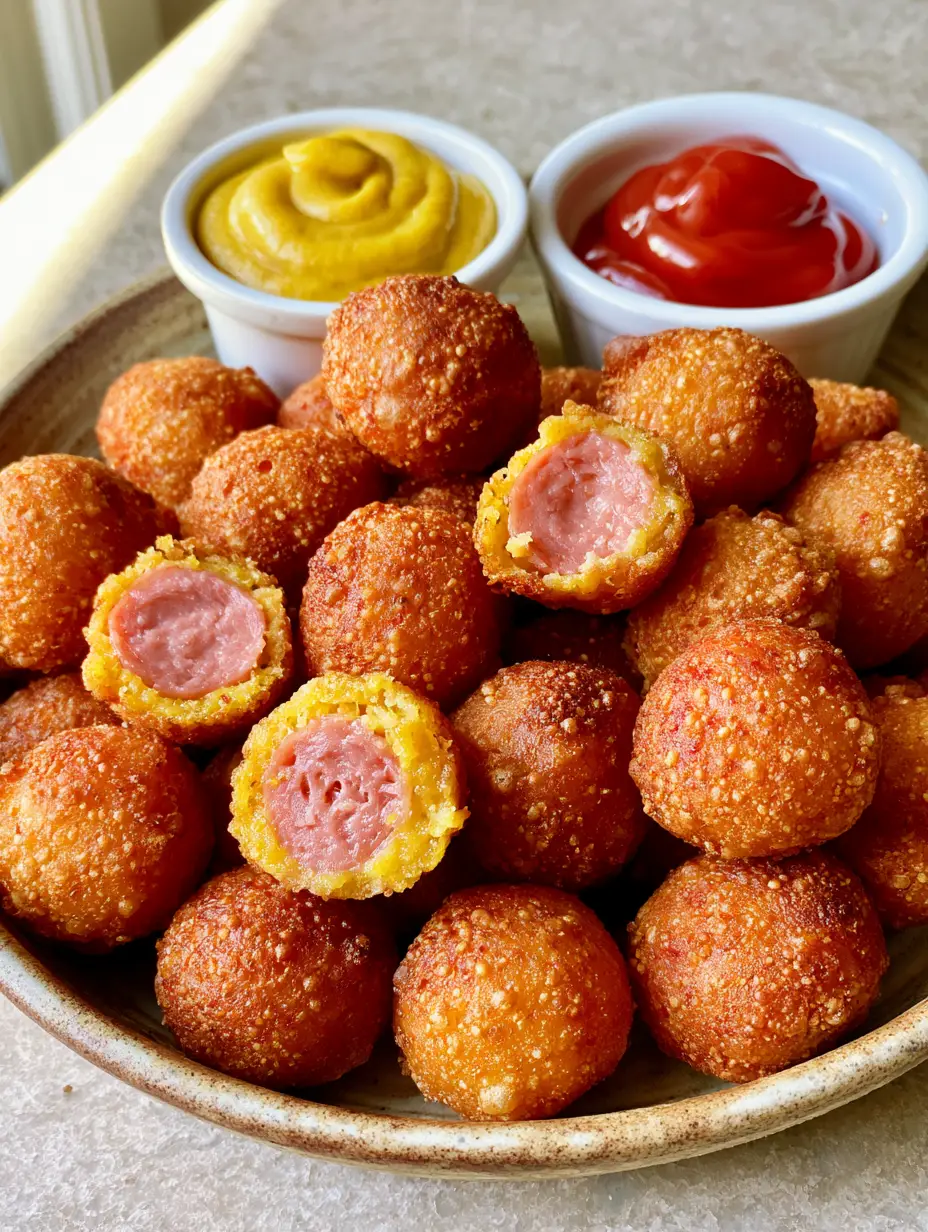 Close up of deep-fried Homemade Corn Dog Bites showing textured crispy cornmeal crust and tiny air bubbles.