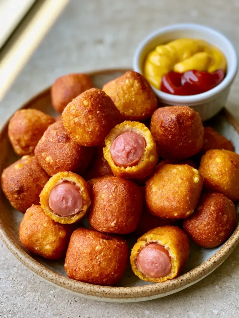 Sliced Homemade Corn Dog Bites revealing a pink juicy steamed hot dog center inside a golden crust.