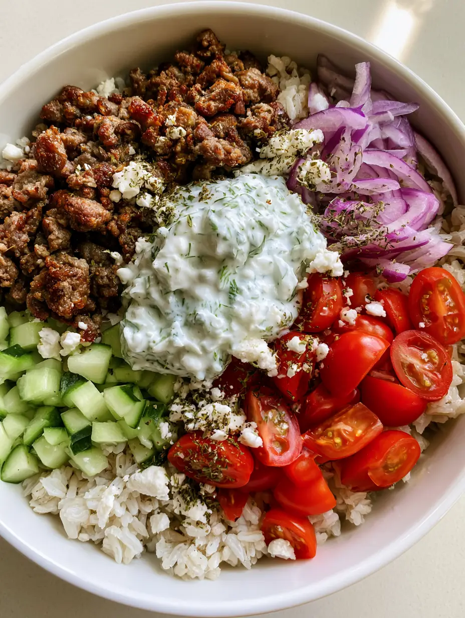 Greek Lamb Gyro Bowls with Creamy Tzatziki and Fluffy Rice 4 Smartphone photo of a white ceramic bowl filled with Mediterranean Greek Lamb Gyro Bowls showing seared lamb and fresh vegetables.
