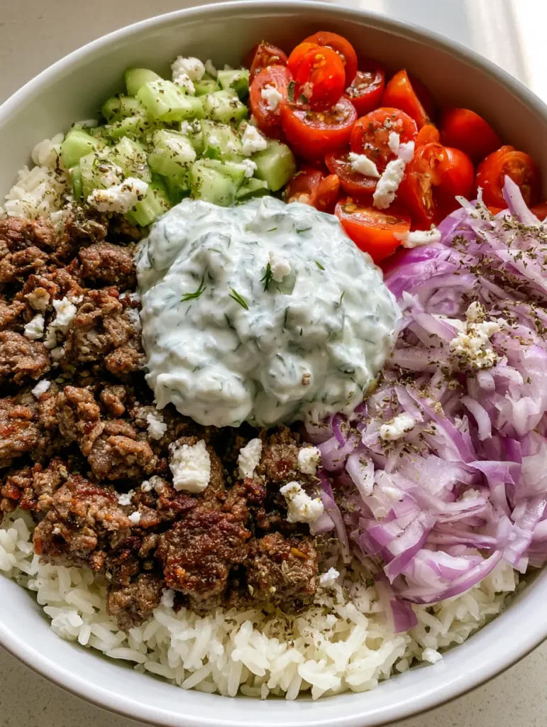Greek Lamb Gyro Bowls with Creamy Tzatziki and Fluffy Rice 1 Close up of Greek Lamb Gyro Bowls with seared ground lamb and creamy tzatziki sauce garnish.