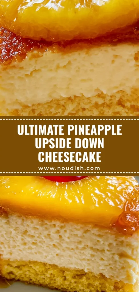 A tall slice of Pineapple Upside Down Cheesecake Cake on a white plate showing distinct layers of caramelized pineapple, ivory cheesecake, and yellow sponge cake.