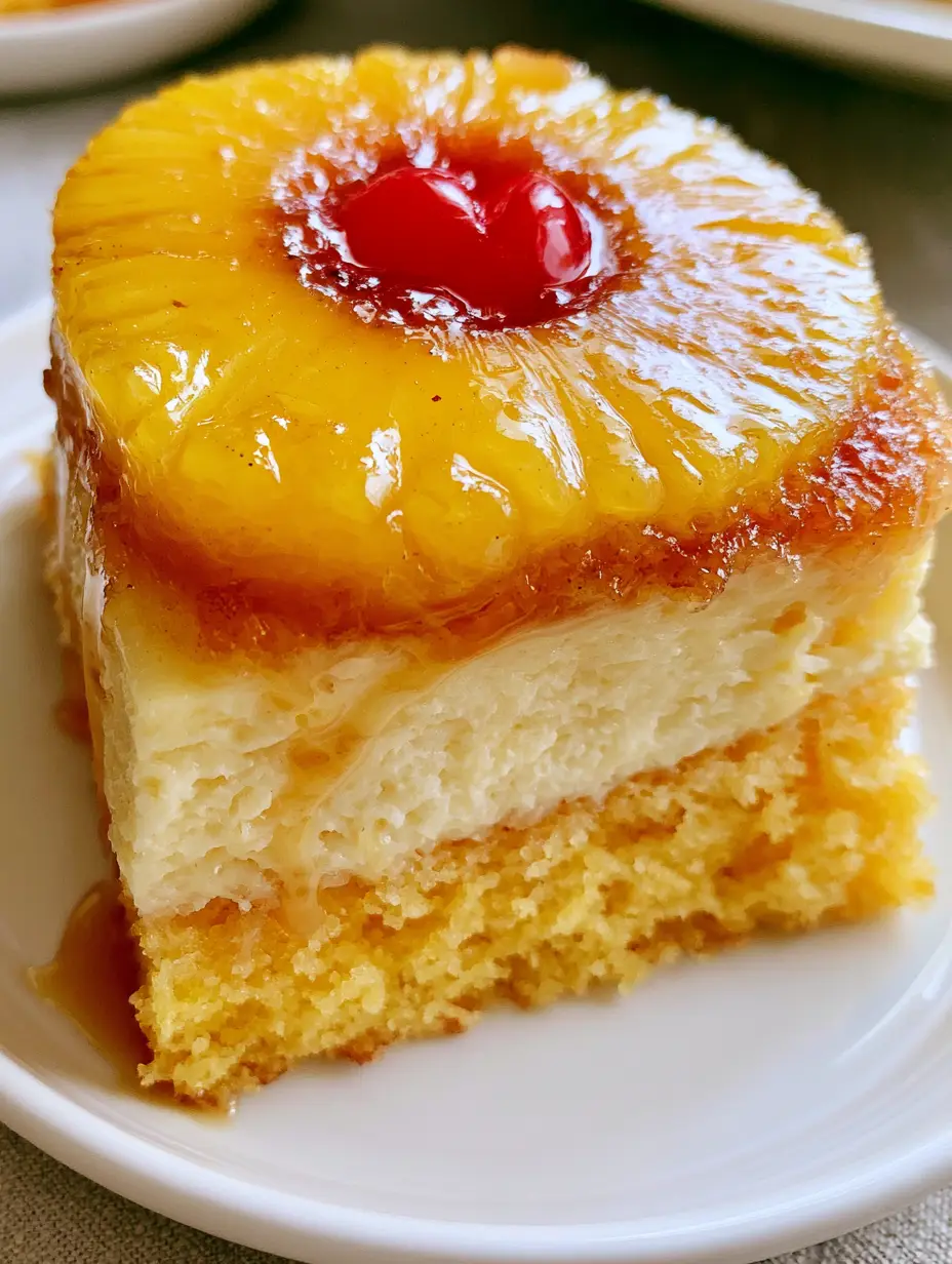 Close-up side profile of Pineapple Upside Down Cheesecake Cake with visible fruit and creamy cheesecake textures.
