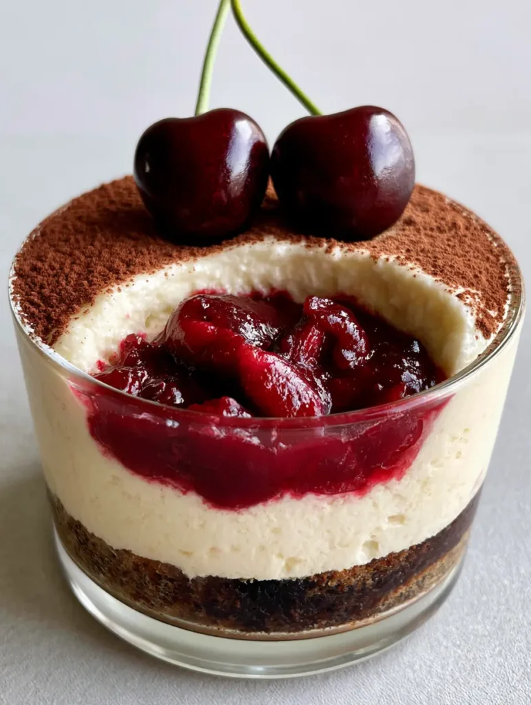 Cherry Amaretto Tiramisu: The Ultimate Boozy Italian Dessert 2 Close-up of Cherry Amaretto Tiramisu layers in a clear glass dessert bowl with fresh cherry garnish.