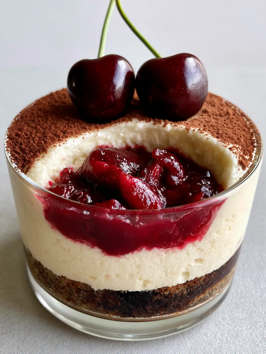 Cherry Amaretto Tiramisu: The Ultimate Boozy Italian Dessert 3 Close-up of Cherry Amaretto Tiramisu layers in a clear glass dessert bowl with fresh cherry garnish.