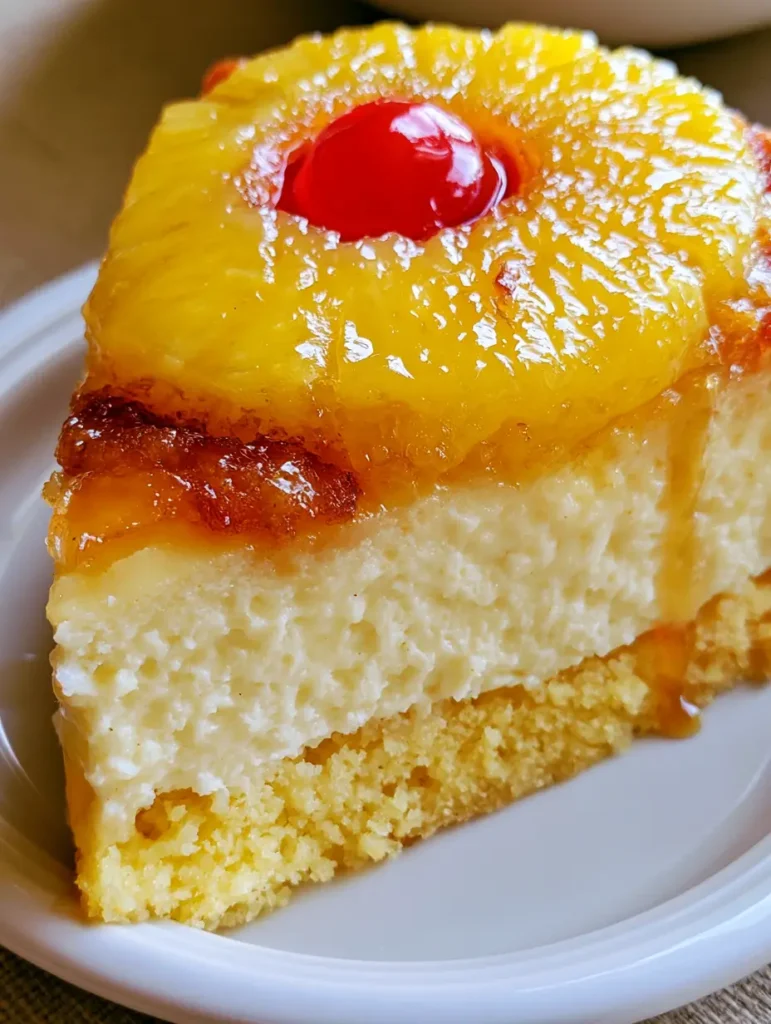 A glistening slice of Pineapple Upside Down Cheesecake Cake with a maraschino cherry center and caramel glaze.
