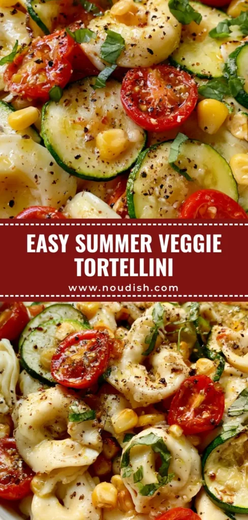 A top-down view of Tortellini with Summer Veggies in a white bowl, featuring blistered tomatoes, seared zucchini, and fresh basil.