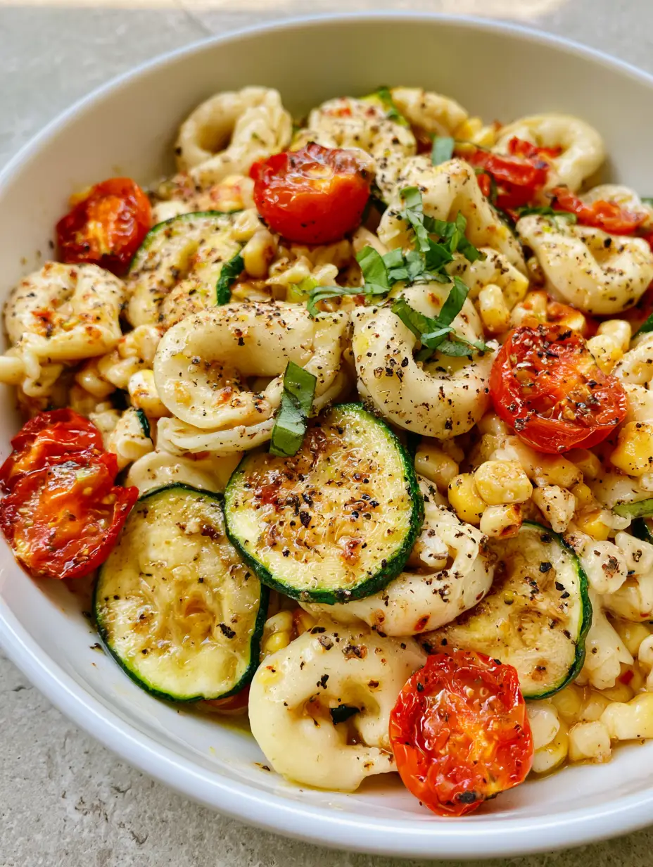 Handheld photo of Tortellini with Summer Veggies in a ceramic bowl showing glistening garlic oil and golden zucchini.