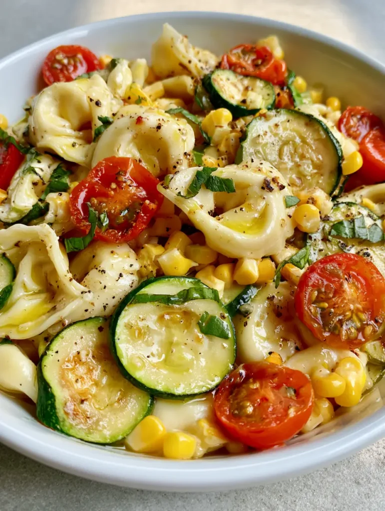 Close up of blistered cherry tomatoes and sweet corn in a bowl of Tortellini with Summer Veggies.