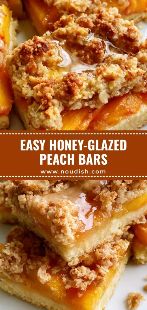Top-down view of square-cut Peach Crumble Bars with jammy orange peaches and a glossy honey glaze drizzle on a white plate. (Peach Crumble Bars)