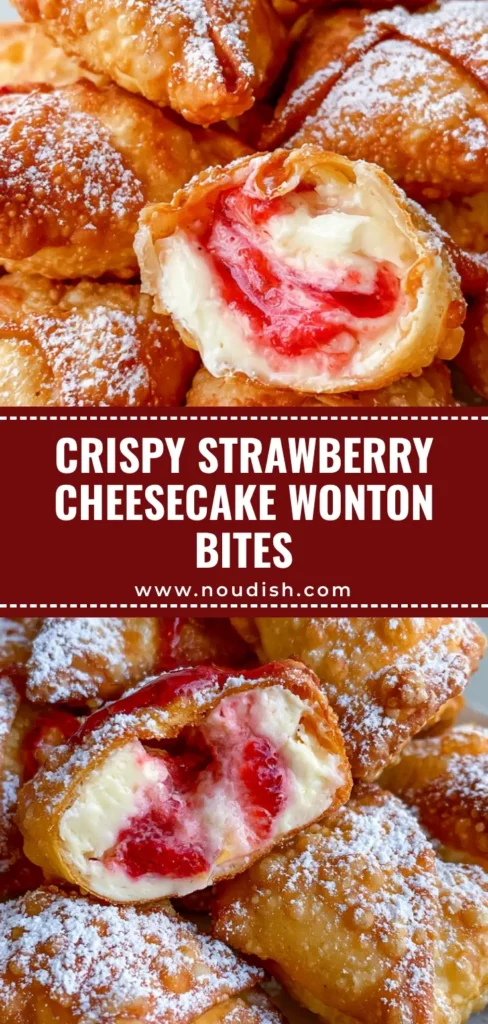 A tall stack of golden-brown deep-fried Strawberry Cheesecake Wontons on a white plate, dusted with powdered sugar and drizzled with glossy red strawberry sauce.