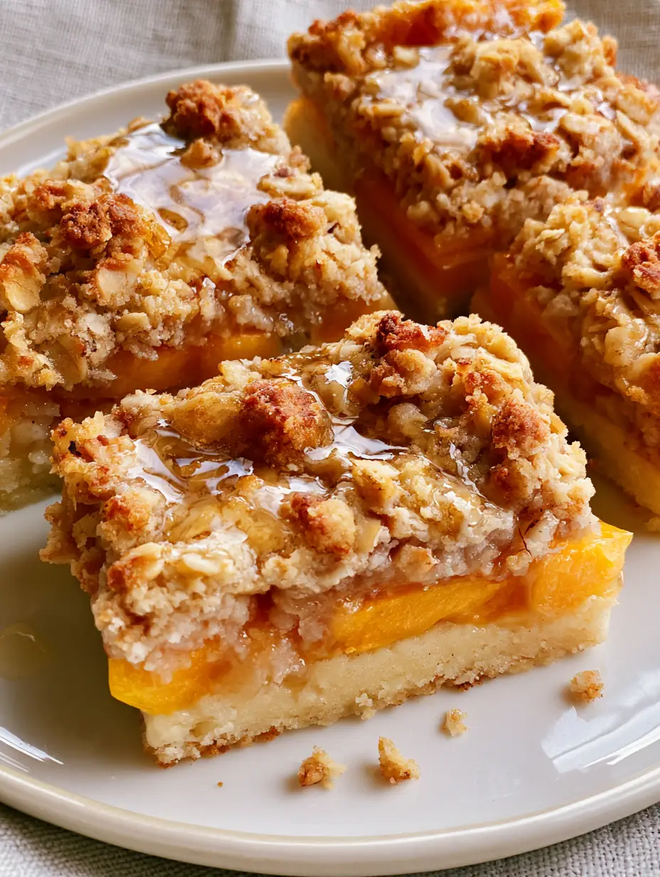 Close-up of the layers in Peach Crumble Bars: buttery shortbread base, sliced peaches, and toasted oat topping. (Peach Crumble Bars)