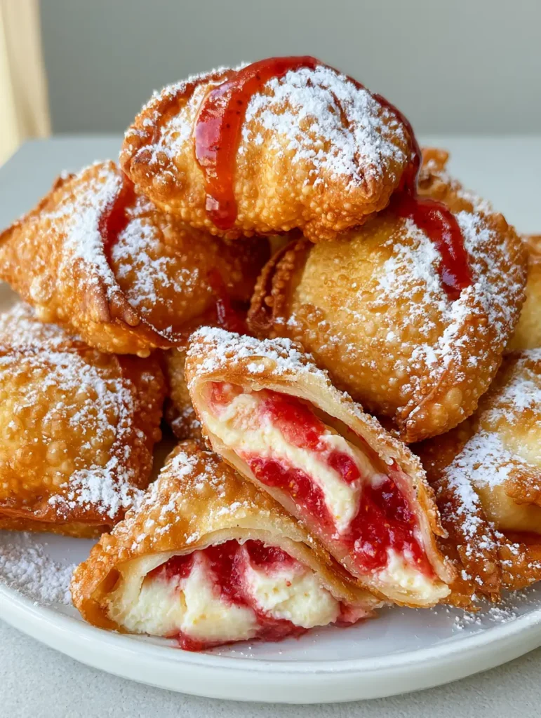 One Strawberry Cheesecake Wonton cut open to reveal a thick, creamy white cheesecake center with bright red strawberry fruit swirls.