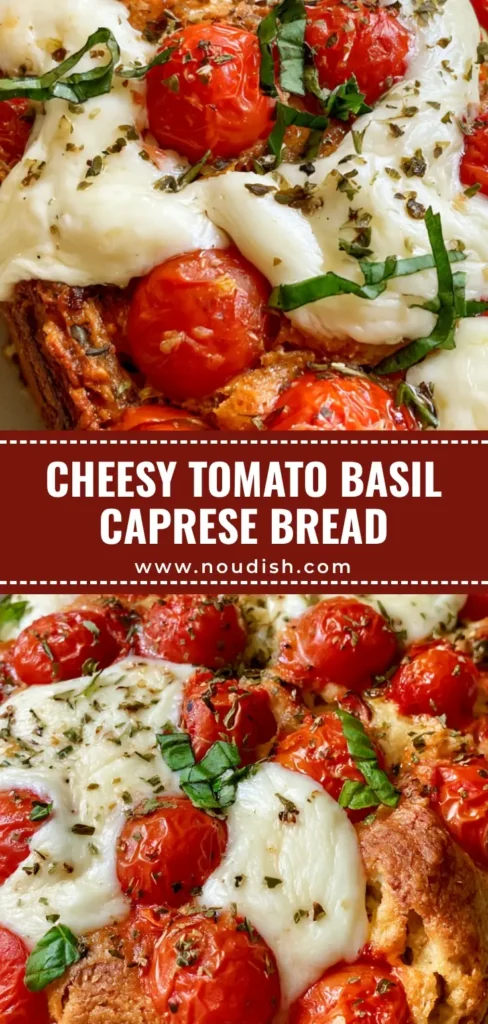 A close-up vertical shot of a Caprese Quick Bread loaf showing whole blistered tomatoes and melted mozzarella pools on a golden crust.