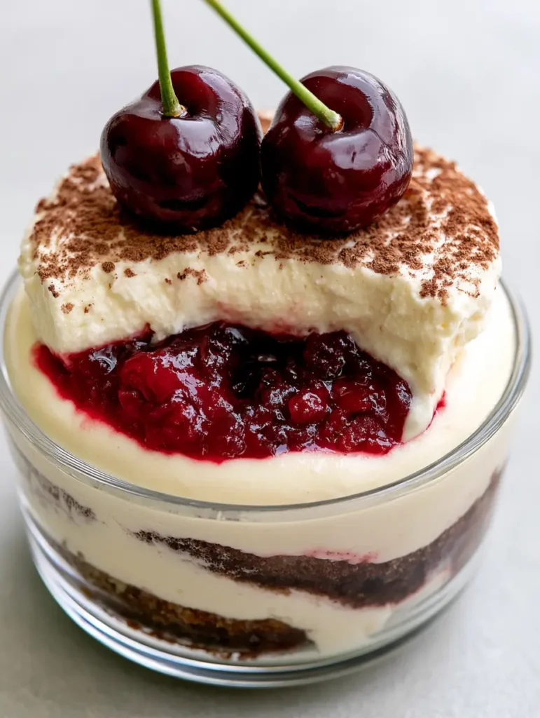 Cherry Amaretto Tiramisu: The Ultimate Boozy Italian Dessert 1 Top view of Cherry Amaretto Tiramisu dusted with cocoa powder and topped with two whole cherries.