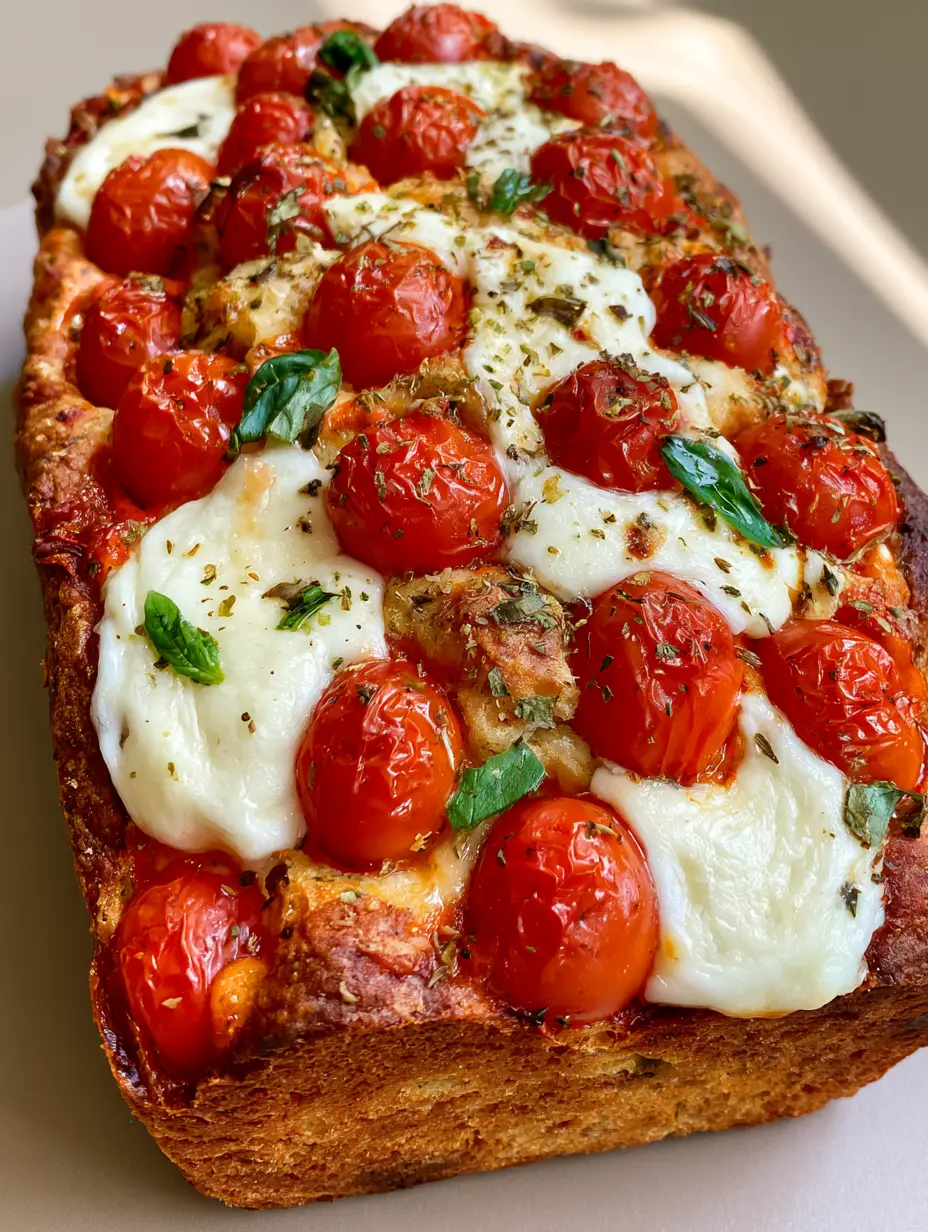 Smartphone photo of a rustic golden-brown Caprese quick bread with whole blistered cherry tomatoes and white mozzarella. (Caprese Quick Bread)
