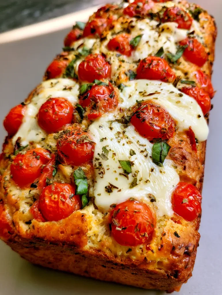 Detailed shot of the moist dense crumb and golden crust of a Caprese Quick Bread loaf.