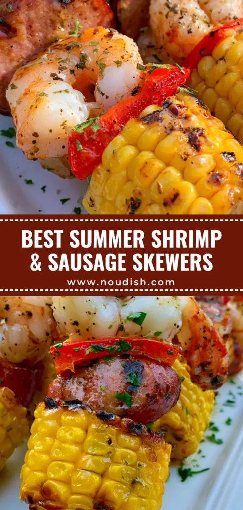 Grilled Shrimp and Sausage Skewers with Charred Corn and Herb Glaze 4 A handheld smartphone photo of several Grilled Shrimp and Sausage Skewers arranged on a white ceramic plate against a green lawn background.