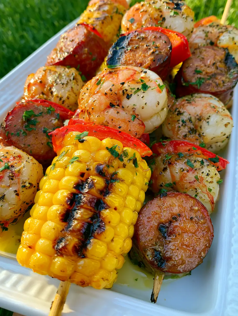 Grilled Shrimp and Sausage Skewers with Charred Corn and Herb Glaze 3 Close up of Grilled Shrimp and Sausage Skewers showing distinct grill marks on corn and browned sausage edges.
