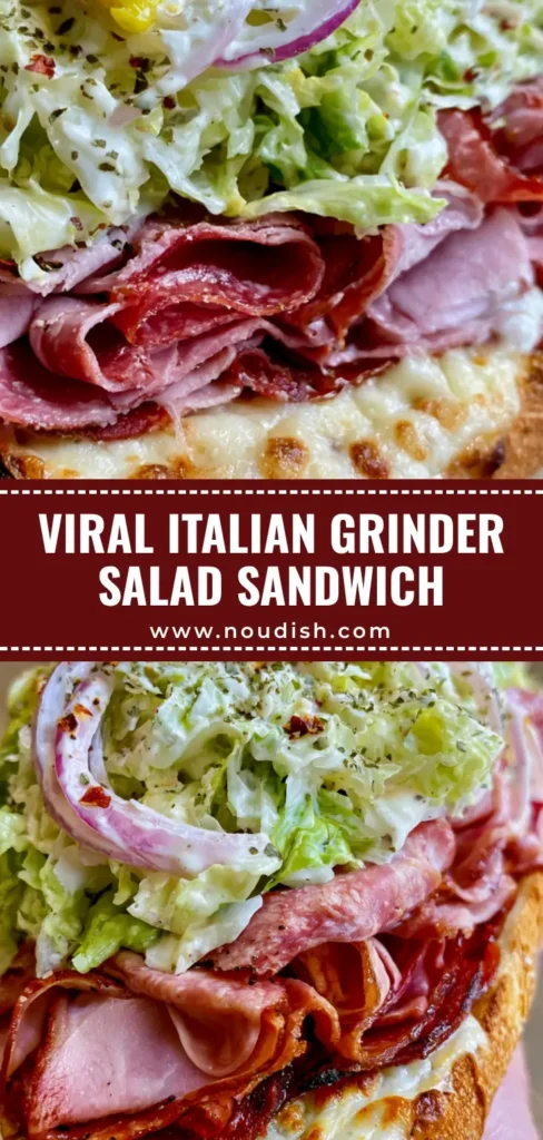 A handheld Italian Grinder Salad Sandwich with melted provolone, deli meats, and a thick heap of creamy shredded lettuce salad on a toasted baguette.