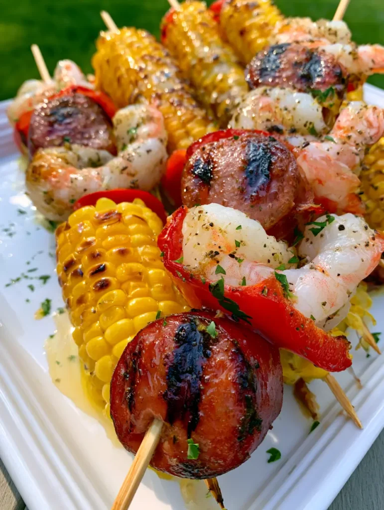 Grilled Shrimp and Sausage Skewers with Charred Corn and Herb Glaze 1 Several wooden skewers with shrimp, sausage, and corn arranged vertically on a white plate.