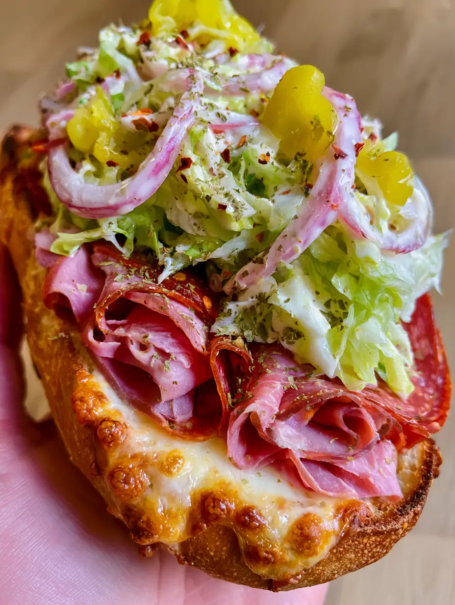Close up photo of the Italian Grinder Salad Sandwich showing the melted provolone cheese and folded salami layers.