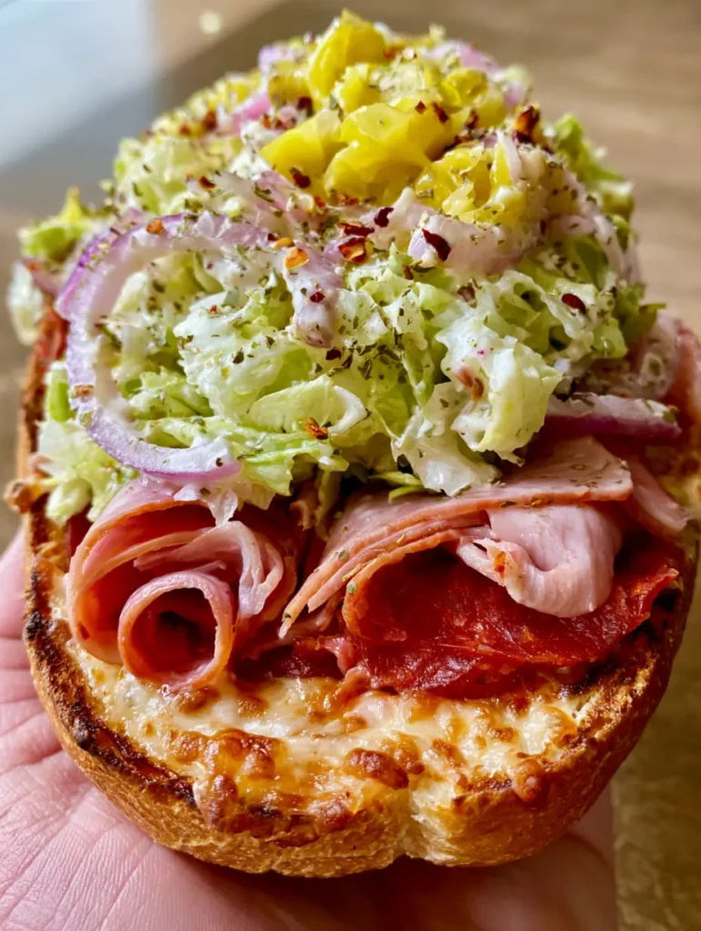 High angle shot of the Italian Grinder Salad Sandwich topped with creamy shredded iceberg and red onion rings.