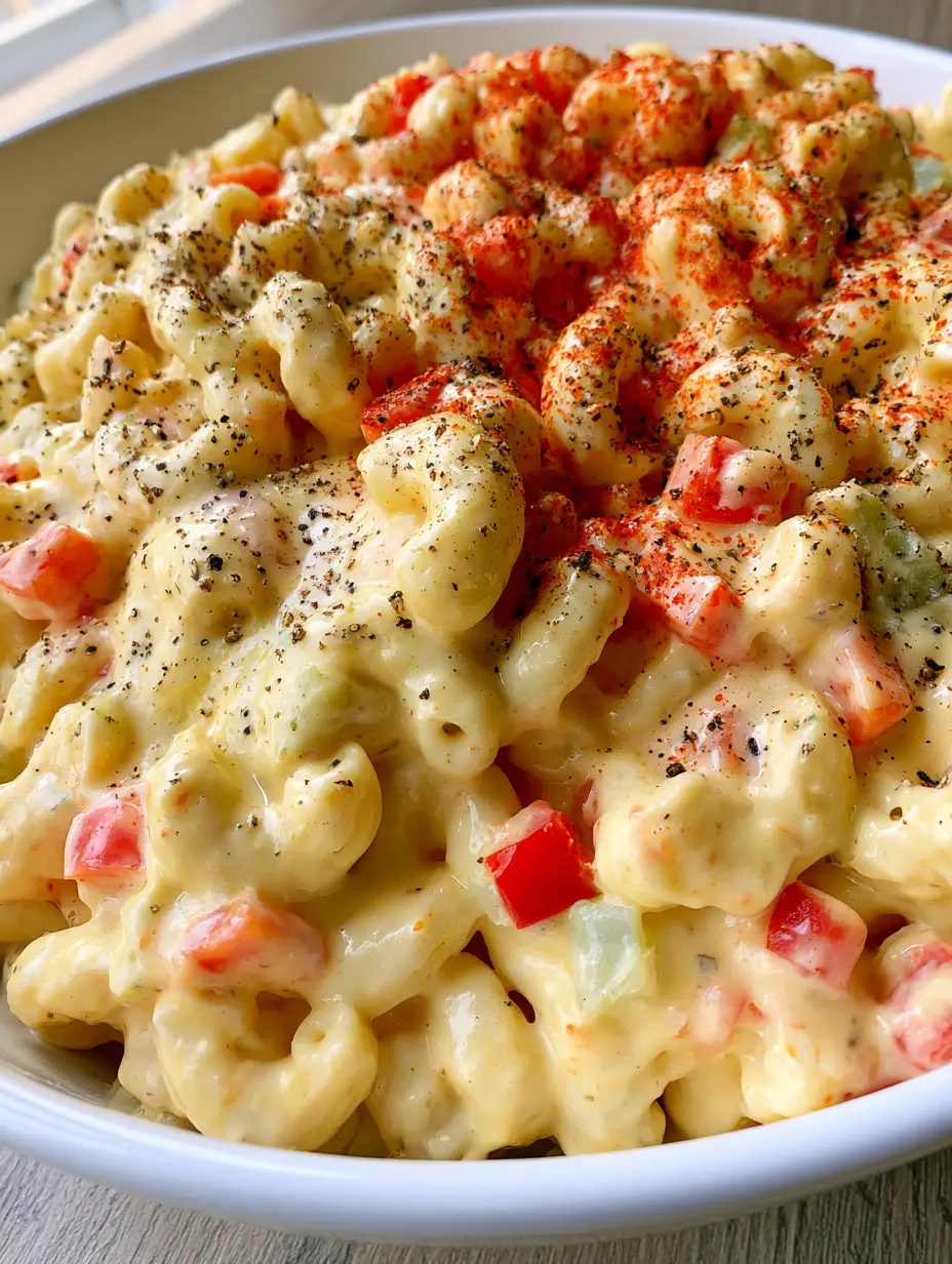 A handheld smartphone photo of Amish Pasta Salad showing the thick pale-yellow dressing and diced red peppers.