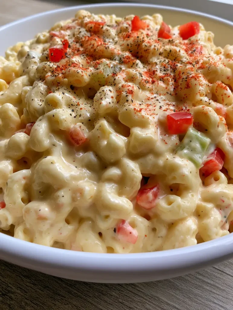 Top-down view of Amish Pasta Salad on a wooden surface with visible green celery and red bell peppers.