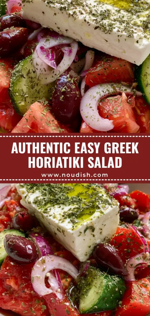 A close-up vertical shot of an Authentic Greek Horiatiki Salad in a white bowl with large tomato wedges and a block of feta.