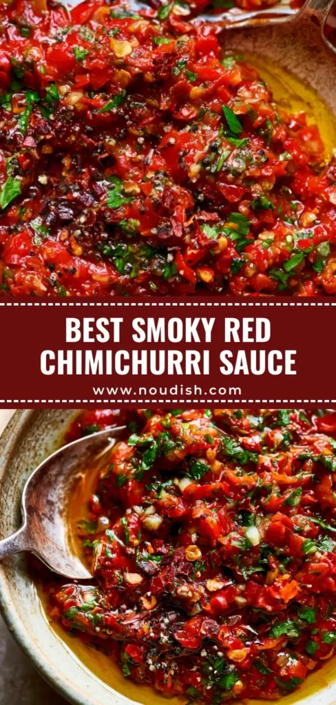 A rustic bowl of chunky Smoky Red Chimichurri Sauce with a silver spoon, showing deep crimson roasted peppers and green parsley flecks.