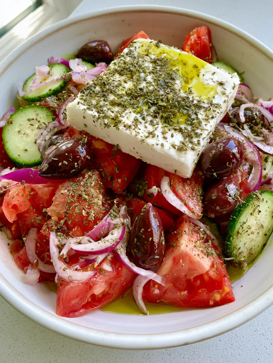 A handheld smartphone photo of a traditional Greek Horiatiki salad showing large tomato wedges and thick cucumber slices. (Authentic Greek Horiatiki Salad)